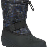 Northside Boys Frosty Insulated Snow Boot 2024 - Black snow boot with a blue geometric pattern on the upper portion and a black strap with a circular logo buckle.
