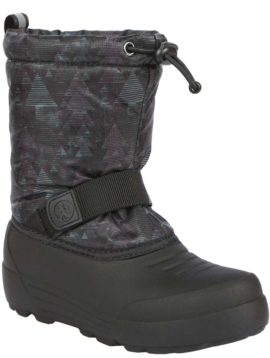 Northside Boys Frosty Insulated Snow Boot 2024 - A black snow boot with a white stripe on the side and a strap that goes across the top of the foot.
