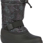 Northside Boys Frosty Insulated Snow Boot 2024 - A black snow boot with a white stripe on the side and a strap that goes across the top of the foot.