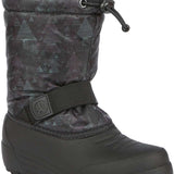 Northside Boys Frosty Insulated Snow Boot 2024 - A black snow boot with a white stripe on the side and a strap that goes across the top of the foot.