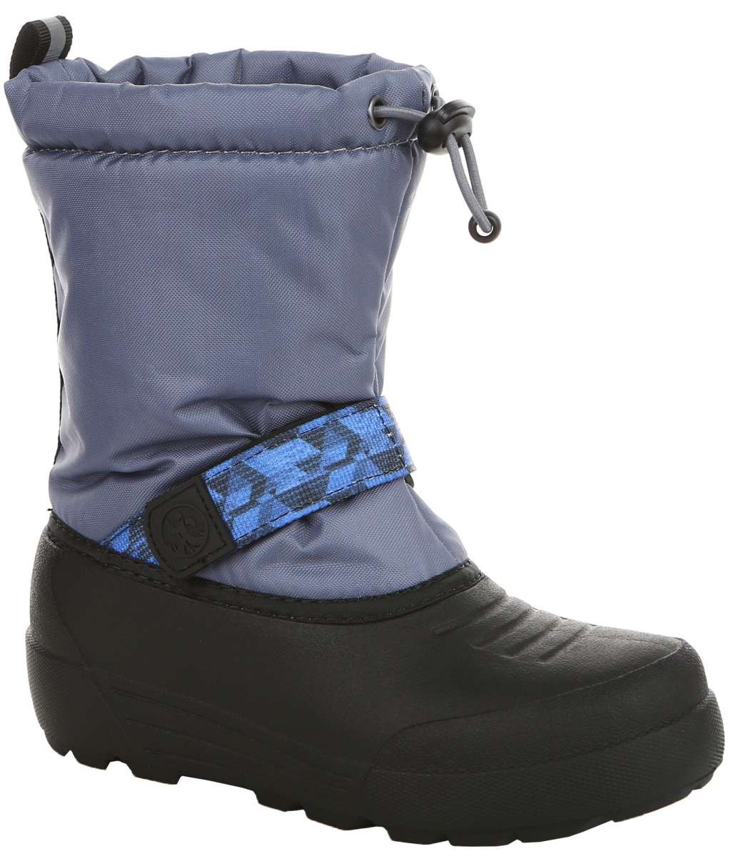 Northside Boys Frosty Insulated Snow Boot 2024 - A gray snow boot with a black sole and strap, featuring a blue patterned Velcro closure.