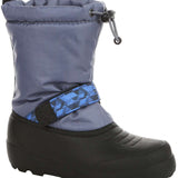 Northside Boys Frosty Insulated Snow Boot 2024 - A gray snow boot with a black sole and strap, featuring a blue patterned Velcro closure.