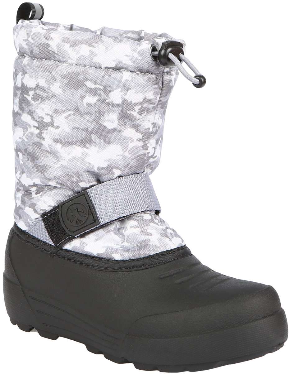Northside Boys Frosty Insulated Snow Boot 2024 - A gray and white camouflage patterned boot with a black sole and strap.