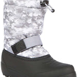 Northside Boys Frosty Insulated Snow Boot 2024 - A gray and white camouflage patterned boot with a black sole and strap.