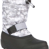 Northside Boys Frosty Insulated Snow Boot 2024 - A gray and white camouflage patterned boot with a black sole and strap.
