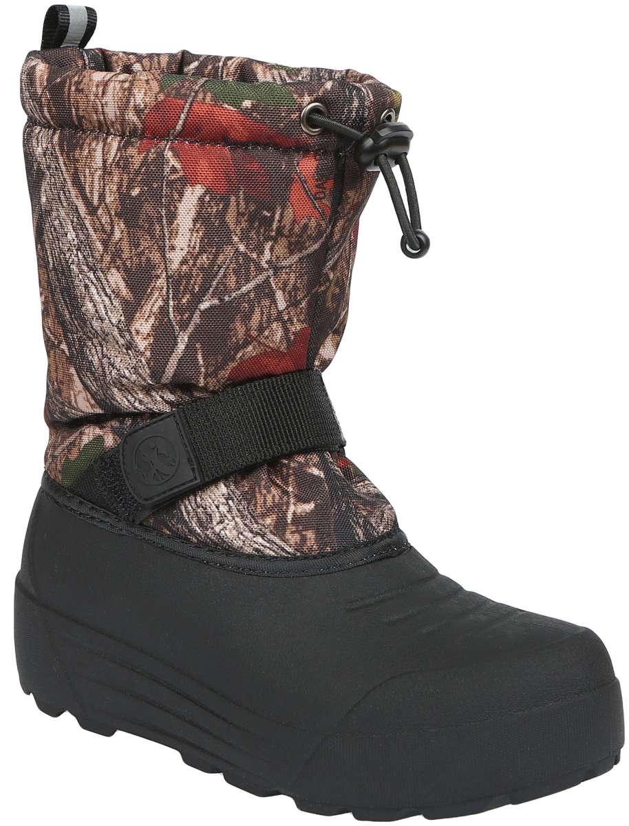 Northside Boys Frosty Insulated Snow Boot 2024 - A camouflage-printed snow boot with a black strap and buckle on the side.