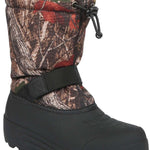 Northside Boys Frosty Insulated Snow Boot 2024 - A camouflage-printed snow boot with a black strap and buckle on the side.