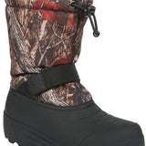 Northside Boys Frosty Insulated Snow Boot 2024 - A camouflage-printed snow boot with a black strap and buckle on the side.
