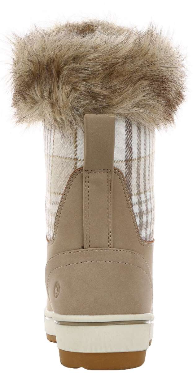Northside Ladies Brookelle SE Boot 2024 - A tall, tan-colored boot with a plaid pattern on the upper portion and a thick, fuzzy trim around the top edge.