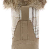 Northside Ladies Brookelle SE Boot 2024 - A tall, tan-colored boot with a plaid pattern on the upper portion and a thick, fuzzy trim around the top edge.