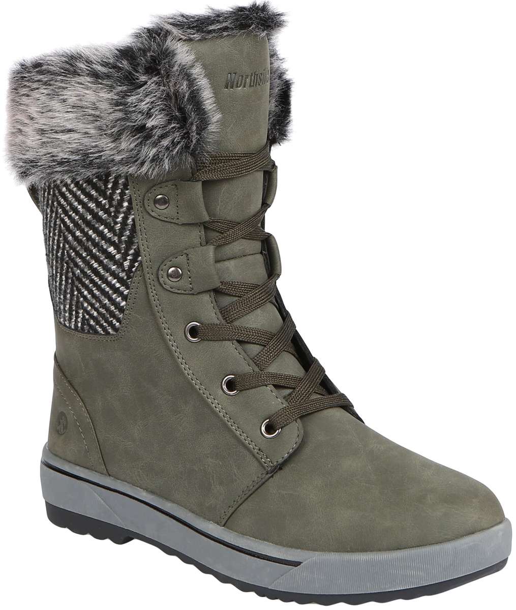 Northside Ladies Brookelle SE Boot 2024 - A tall, dark green boot with a thick gray sole and a fur-lined top cuff.