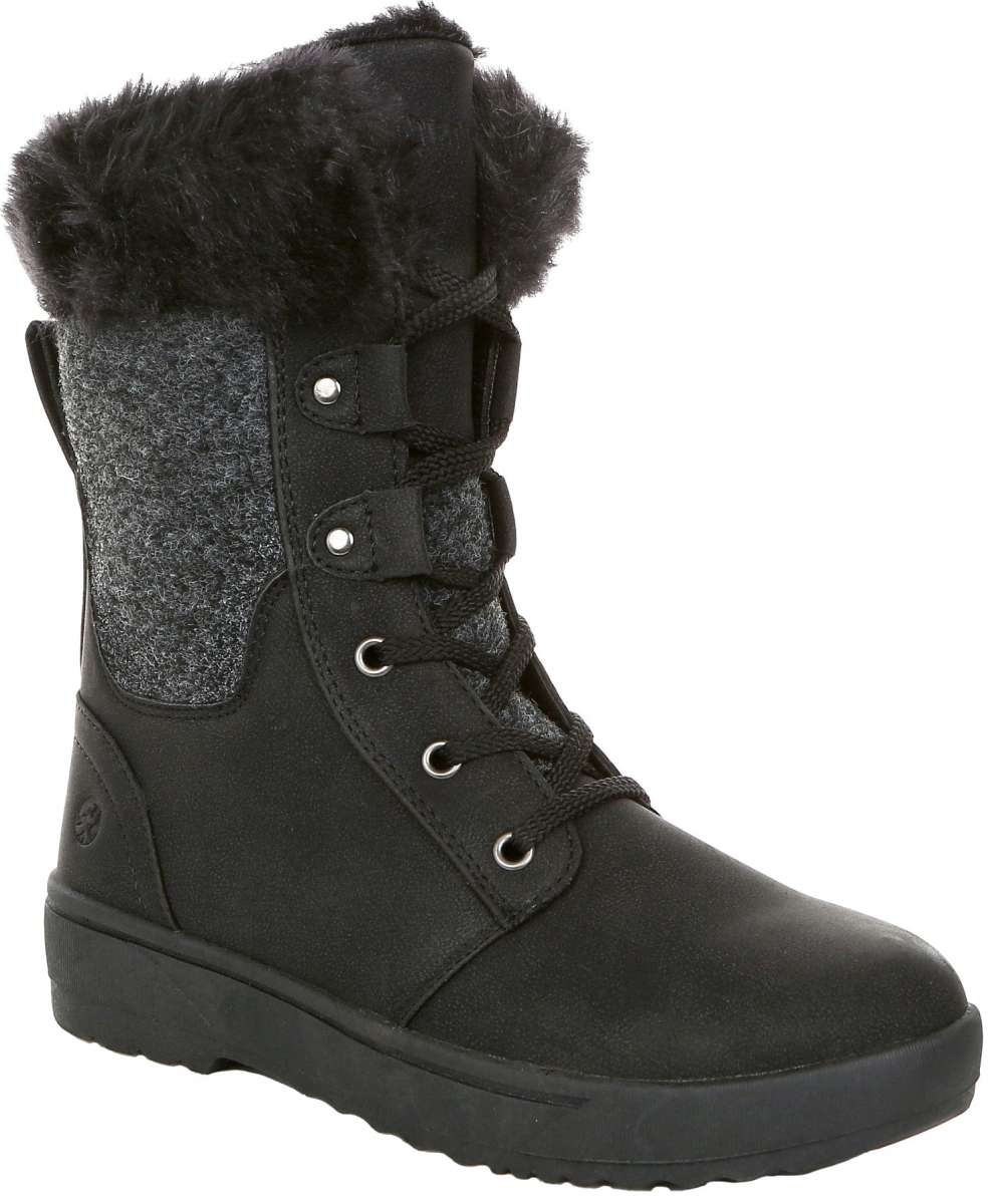 Northside Ladies Brookelle SE Boot 2024 - A black suede boot with a gray woolen patterned upper and a thick, dark gray rubber sole.