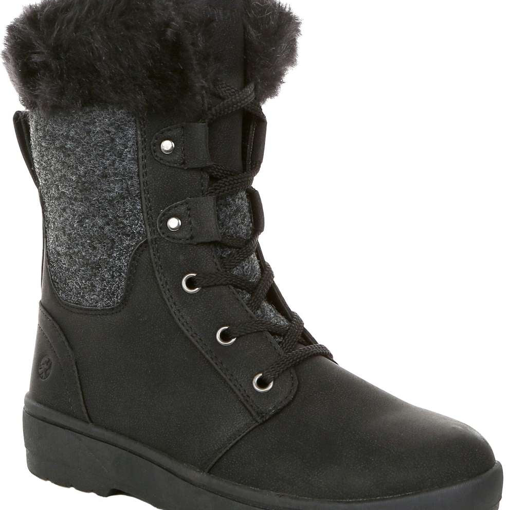 Northside Ladies Brookelle SE Boot 2024 - A black suede boot with a gray woolen patterned upper and a thick, dark gray rubber sole.