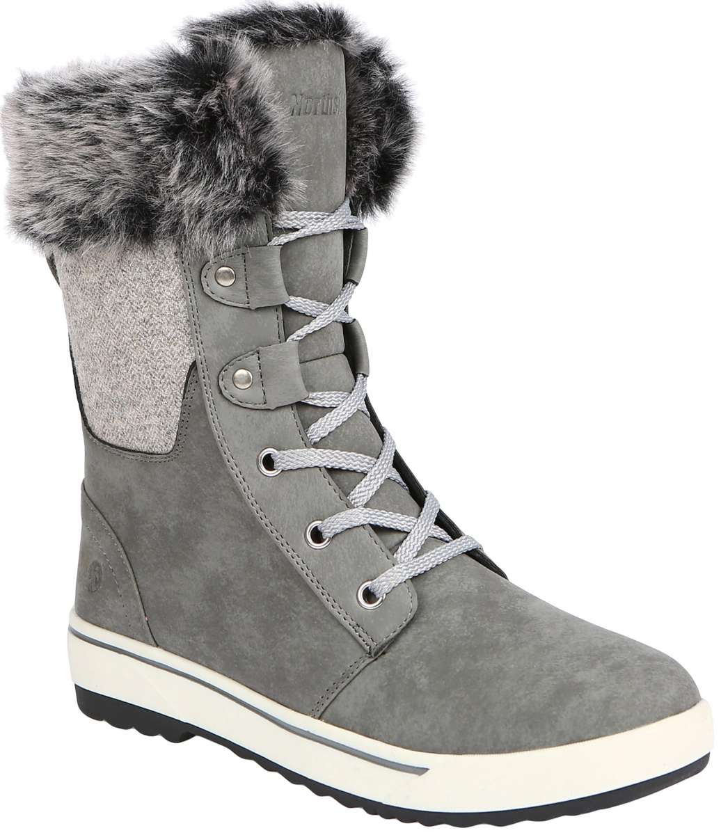 Northside Ladies Brookelle SE Boot 2024 - A gray suede boot with a fur-lined collar and silver eyelets on the laces.