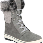 Northside Ladies Brookelle SE Boot 2024 - A gray suede boot with a fur-lined collar and silver eyelets on the laces.