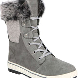Northside Ladies Brookelle SE Boot 2024 - A gray suede boot with a fur-lined collar and silver eyelets on the laces.