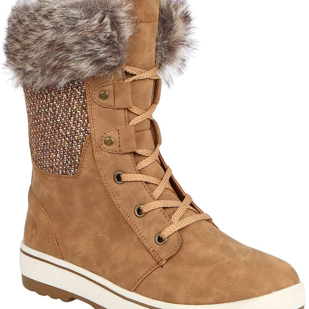 Northside Ladies Brookelle SE Boot 2024 - A tan suede boot with a brown tweed pattern on the back and a gray faux fur trim around the top.
