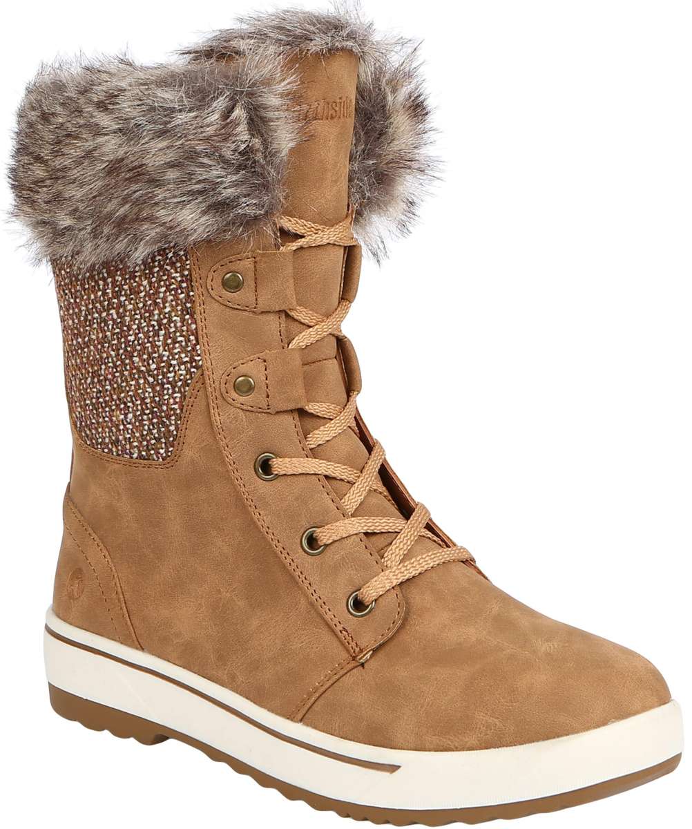 Northside Ladies Brookelle SE Boot 2024 - A tan suede boot with a brown tweed pattern on the back and a gray faux fur trim around the top.