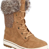 Northside Ladies Brookelle SE Boot 2024 - A tan suede boot with a brown tweed pattern on the back and a gray faux fur trim around the top.