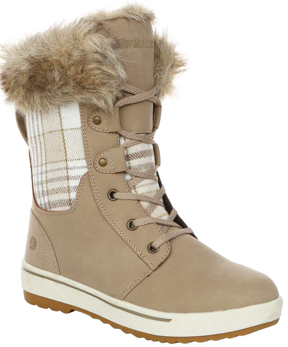 Northside Ladies Brookelle SE Boot 2024 - A tan-colored boot with a plaid pattern on the side and a fur-lined top.