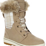 Northside Ladies Brookelle SE Boot 2024 - A tan-colored boot with a plaid pattern on the side and a fur-lined top.