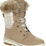 Northside Ladies Brookelle SE Boot 2024 - A tan-colored boot with a plaid pattern on the side and a fur-lined top.