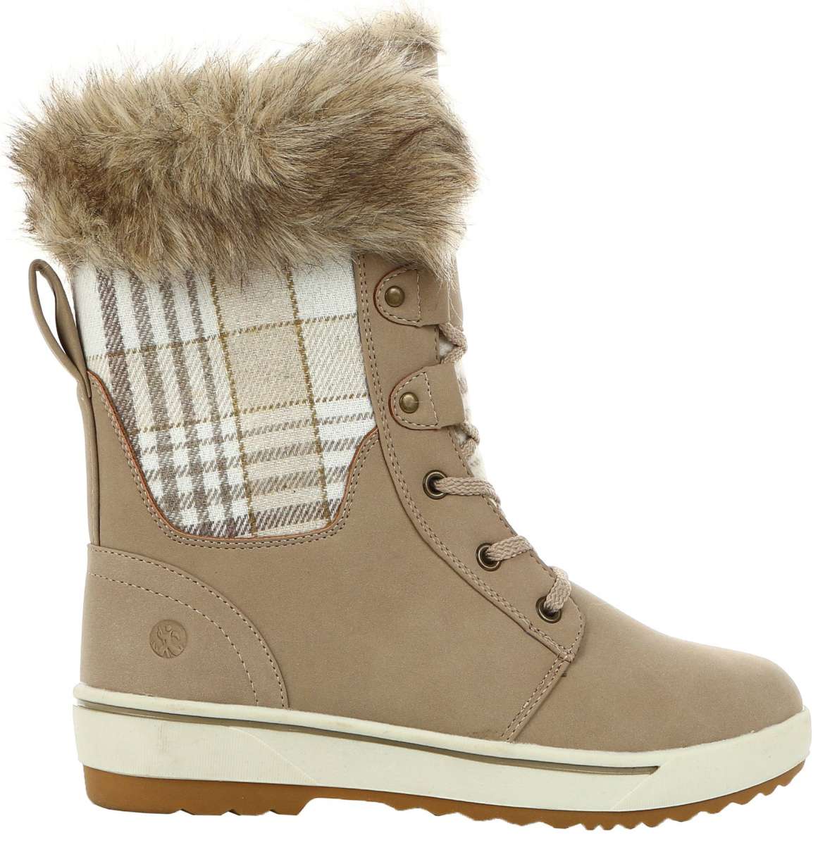 Northside Ladies Brookelle SE Boot 2024 - A tan-colored boot with a plaid pattern on the side and a fuzzy trim at the top.