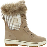 Northside Ladies Brookelle SE Boot 2024 - A tan-colored boot with a plaid pattern on the side and a fuzzy trim at the top.