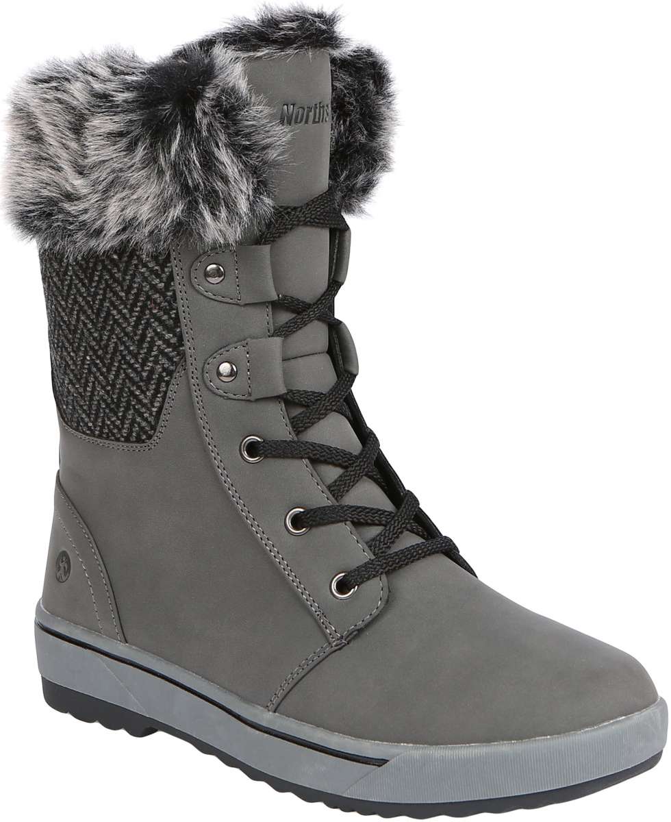 Northside Ladies Brookelle SE Boot 2024 - A tall, dark gray boot with a thick sole and a fur-lined cuff at the top.
