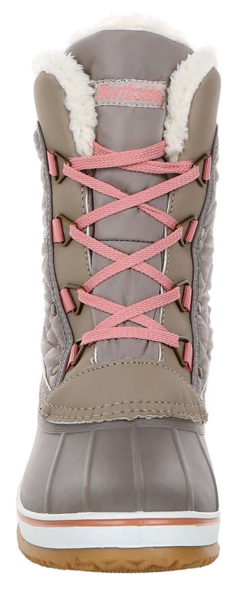 Northside Ladies Modesto Mid-Calf Boots - A pair of mid-calf boots with a quilted pattern on the upper portion, featuring a pink and white color scheme.
