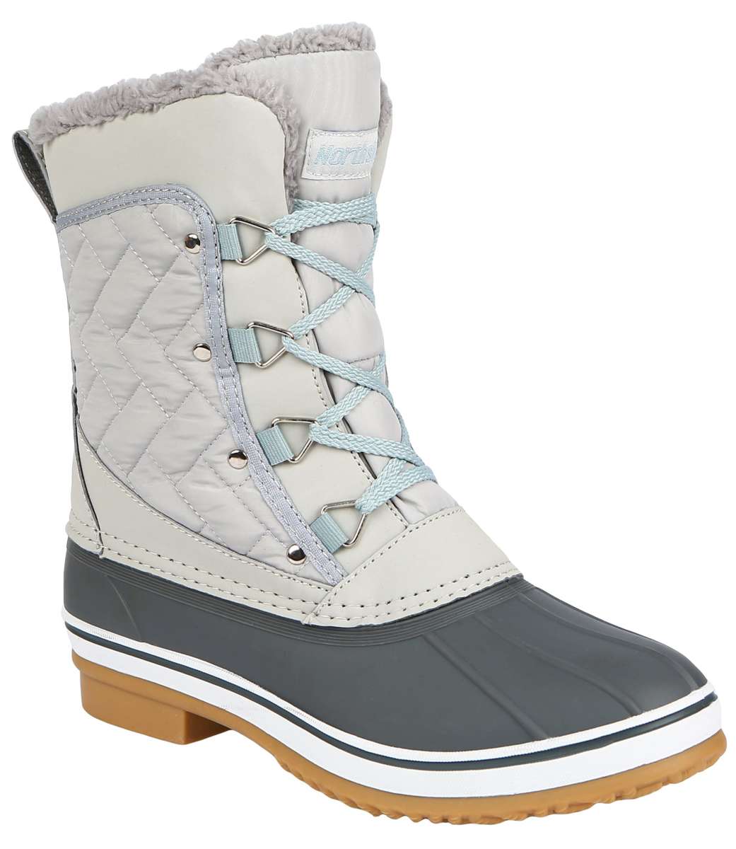 Northside Ladies Modesto Mid-Calf Boots - A pair of mid-calf boots with a quilted pattern on the upper portion, featuring a light gray color scheme and silver hardware.