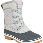 Northside Ladies Modesto Mid-Calf Boots - A pair of mid-calf boots with a quilted pattern on the upper portion, featuring a light gray color scheme and silver hardware.
