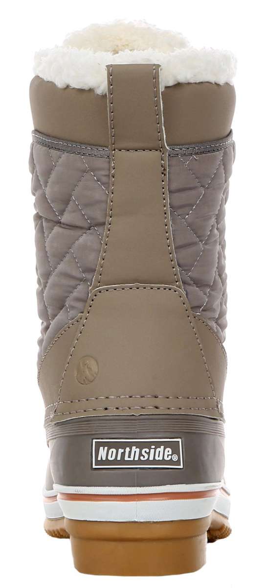 Northside Ladies Modesto Mid-Calf Boots - Beige boots with quilted pattern on upper, white fur trim around top edge, and brown rubber sole.
