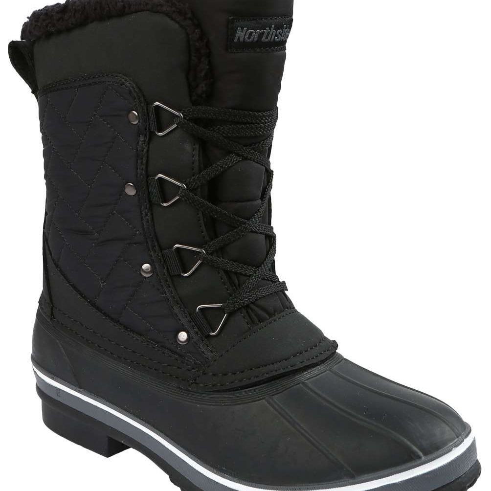 Northside Ladies Modesto Mid-Calf Boots - Black quilted fabric upper with black fur trim and silver-tone hardware.