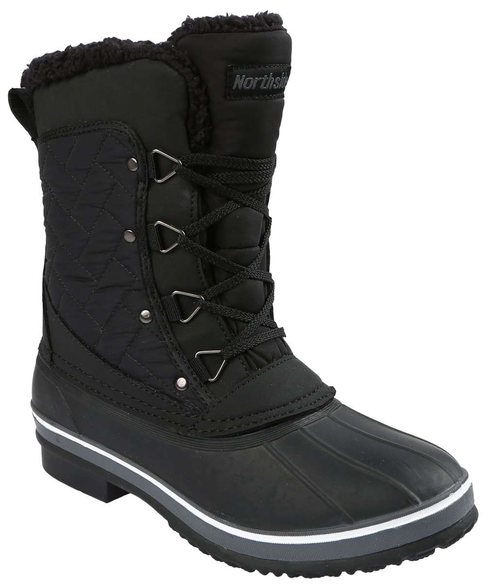 Northside Ladies Modesto Mid-Calf Boots - Black quilted fabric upper with black fur trim and silver-tone hardware.