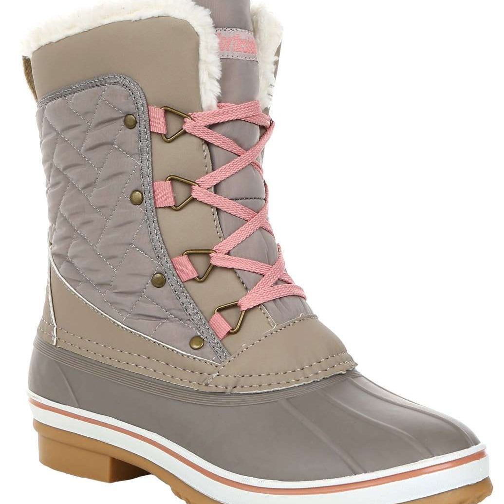 Northside Ladies Modesto Mid-Calf Boots - Beige boots with a quilted pattern on the side and pink laces.