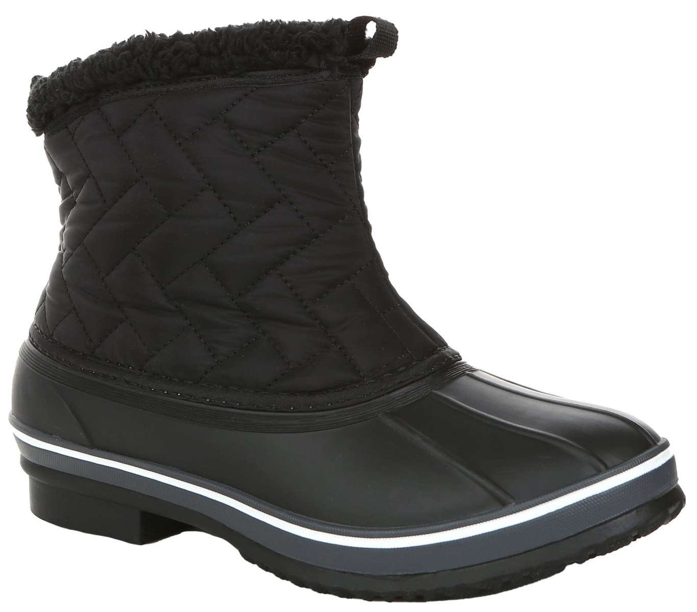 Northside Women's Morgan Crest Insulated Boot 2024 - Black waterproof insulated boot with quilted pattern on upper portion and white stripe along sole.