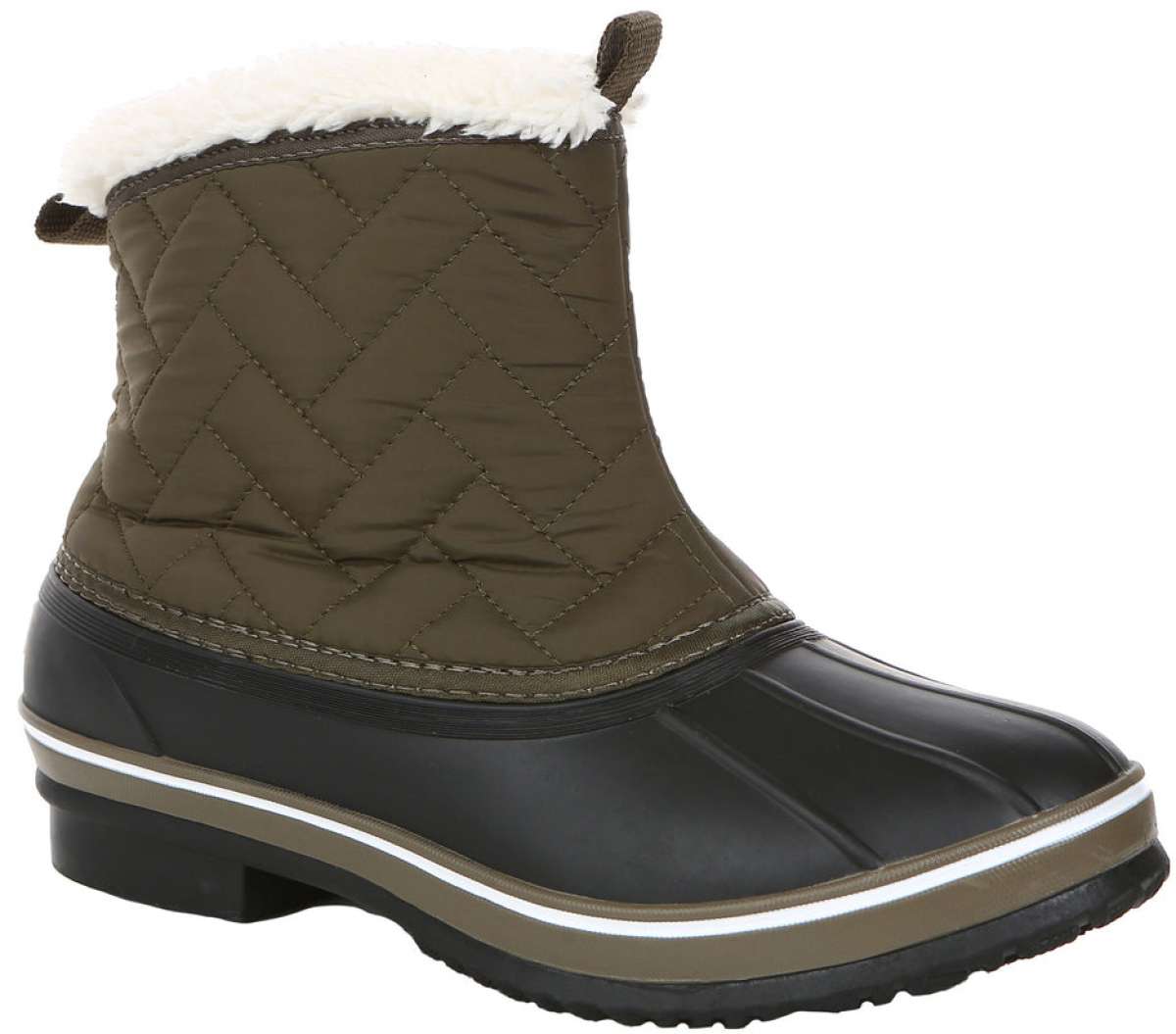 Northside Ladies Morgan Crest Insulated Boots 2023 - A pair of brown quilted boots with a white faux-fur trim at the top.