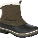 Northside Ladies Morgan Crest Insulated Boots 2023 - A pair of brown quilted boots with a white faux-fur trim at the top.