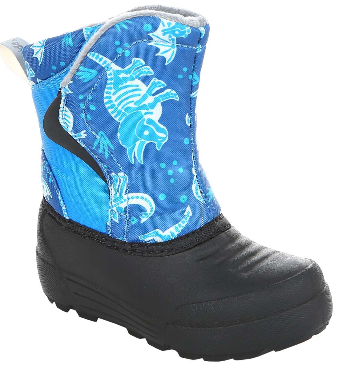 Northside Toddler Flurrie Insulated Boot 2024 - Blue snow boot with a white pattern of cartoon animals and dots on top, black sole at bottom.