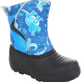 Northside Toddler Flurrie Insulated Boot 2024 - Blue snow boot with a white pattern of cartoon animals and dots on top, black sole at bottom.