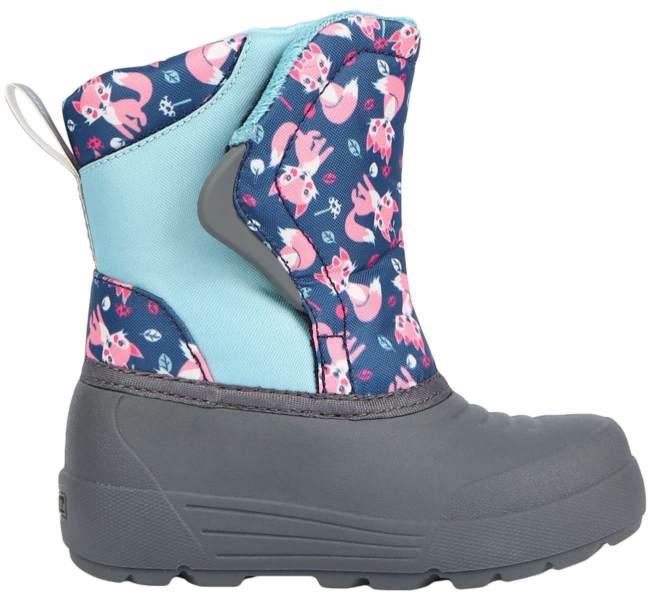 Northside Toddler Flurrie Insulated Boot - A navy blue boot with a repeating pattern of pink foxes and white snowflakes, featuring light blue accents on the tongue and heel.
