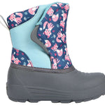 Northside Toddler Flurrie Insulated Boot - A navy blue boot with a repeating pattern of pink foxes and white snowflakes, featuring light blue accents on the tongue and heel.