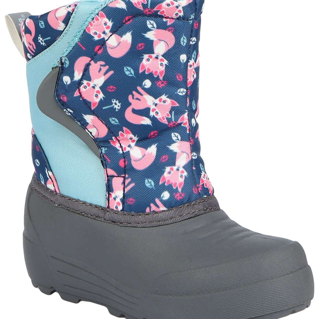 Northside Toddler Flurrie Insulated Boot - A navy blue boot with a repeating pattern of pink foxes and white snowflakes, featuring light blue accents on the tongue and heel.