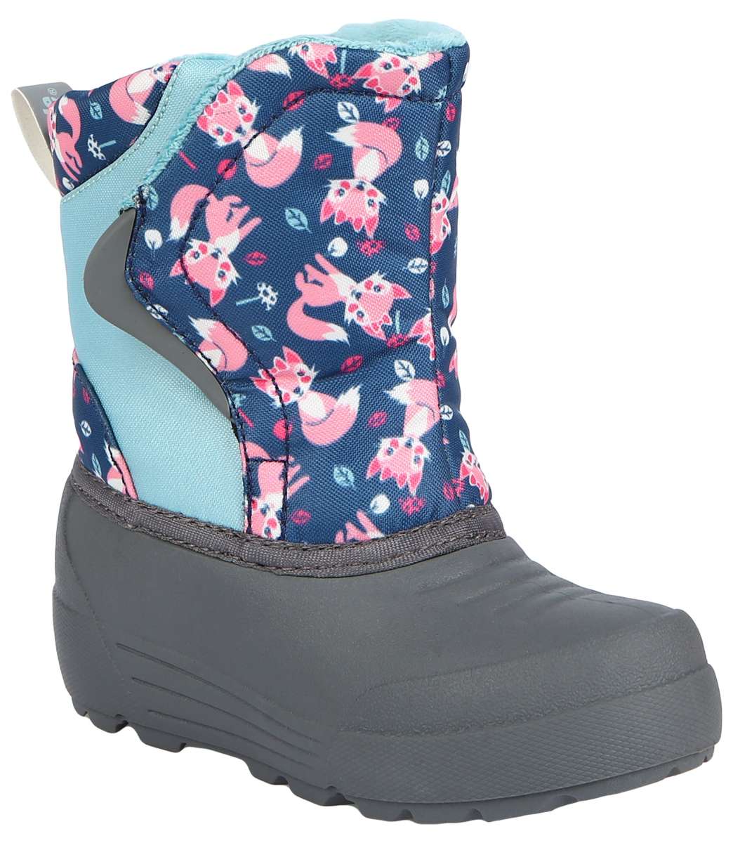 Northside Toddler Flurrie Insulated Boot - A navy blue boot with a repeating pattern of pink foxes and white snowflakes, featuring light blue accents on the tongue and heel.