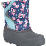 Northside Toddler Flurrie Insulated Boot - A navy blue boot with a repeating pattern of pink foxes and white snowflakes, featuring light blue accents on the tongue and heel.