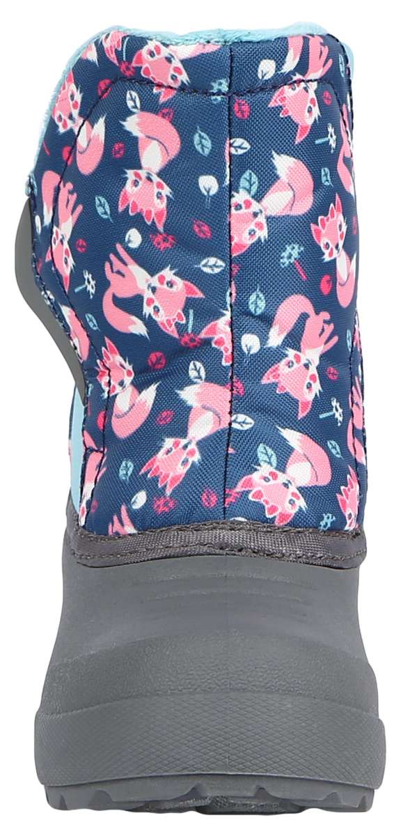 Northside Toddler Flurrie Insulated Boot - Blue boots with pink foxes and leaves on a dark blue background.