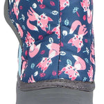 Northside Toddler Flurrie Insulated Boot - Blue boots with pink foxes and leaves on a dark blue background.