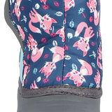 Northside Toddler Flurrie Insulated Boot - Blue boots with pink foxes and leaves on a dark blue background.