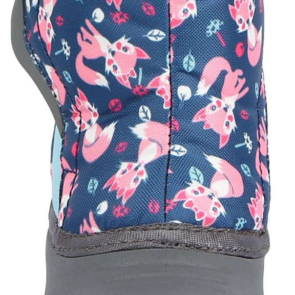 Northside Toddler Flurrie Insulated Boot - Blue boots with pink foxes and leaves on a dark blue background.